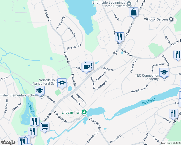 map of restaurants, bars, coffee shops, grocery stores, and more near 256 Main Street in Walpole