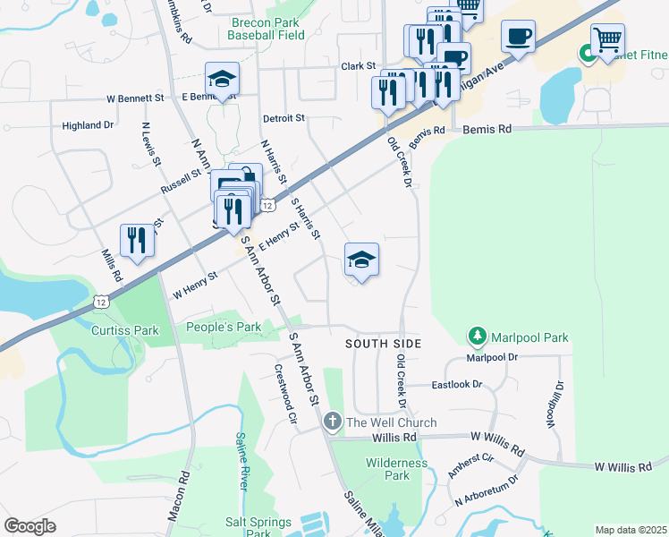 map of restaurants, bars, coffee shops, grocery stores, and more near 343 South Harris Street in Saline