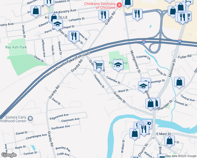 map of restaurants, bars, coffee shops, grocery stores, and more near 74 Thaddeus Street in Chicopee