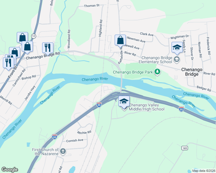 map of restaurants, bars, coffee shops, grocery stores, and more near 423 Niles Road in Binghamton