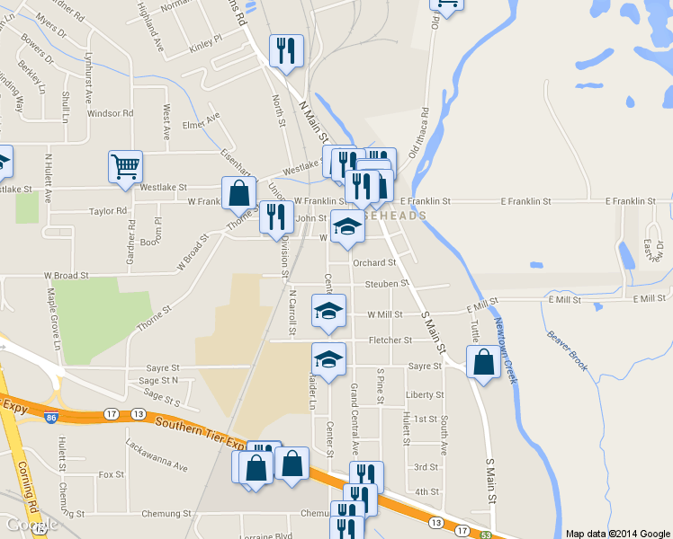map of restaurants, bars, coffee shops, grocery stores, and more near 211 Orchard St in Horseheads