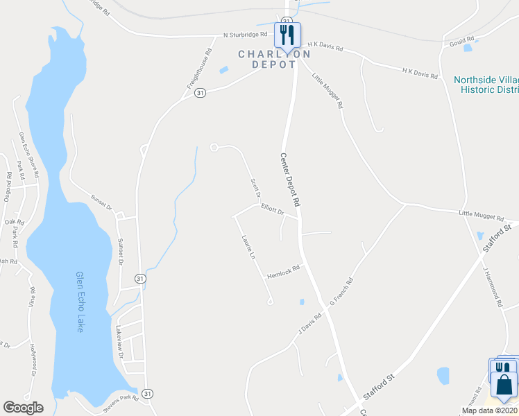 map of restaurants, bars, coffee shops, grocery stores, and more near 5 Elliott Drive in Charlton