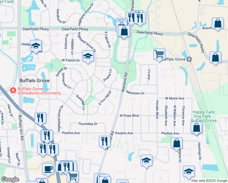 map of restaurants, bars, coffee shops, grocery stores, and more near 281 East Fox Hill Drive in Buffalo Grove
