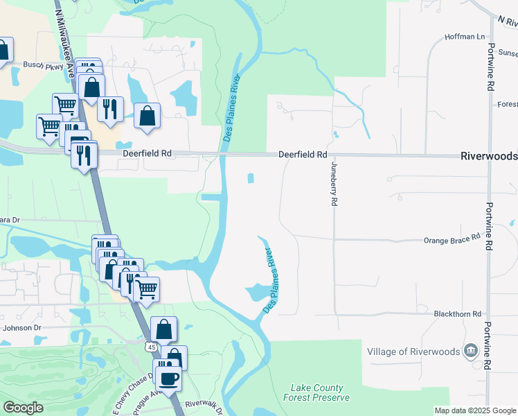 map of restaurants, bars, coffee shops, grocery stores, and more near 640 Thornmeadow Road in Riverwoods