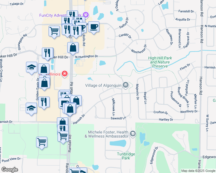 map of restaurants, bars, coffee shops, grocery stores, and more near 2284 Dawson Lane in Algonquin