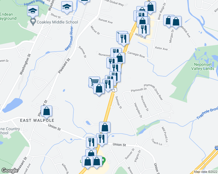 map of restaurants, bars, coffee shops, grocery stores, and more near 1407 Boston-Providence Turnpike in Norwood