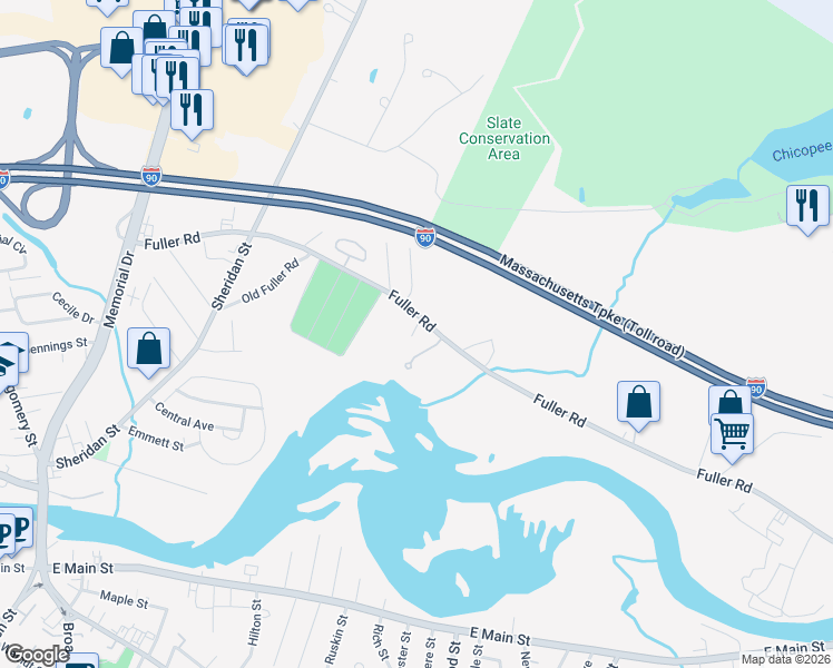 map of restaurants, bars, coffee shops, grocery stores, and more near 283 Fuller Road in Chicopee