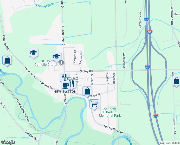 map of restaurants, bars, coffee shops, grocery stores, and more near 19022 Schultz Street in Huron Charter Township
