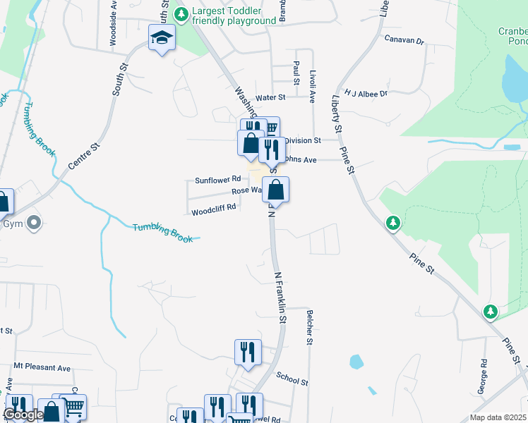 map of restaurants, bars, coffee shops, grocery stores, and more near 376 North Franklin Street in Holbrook