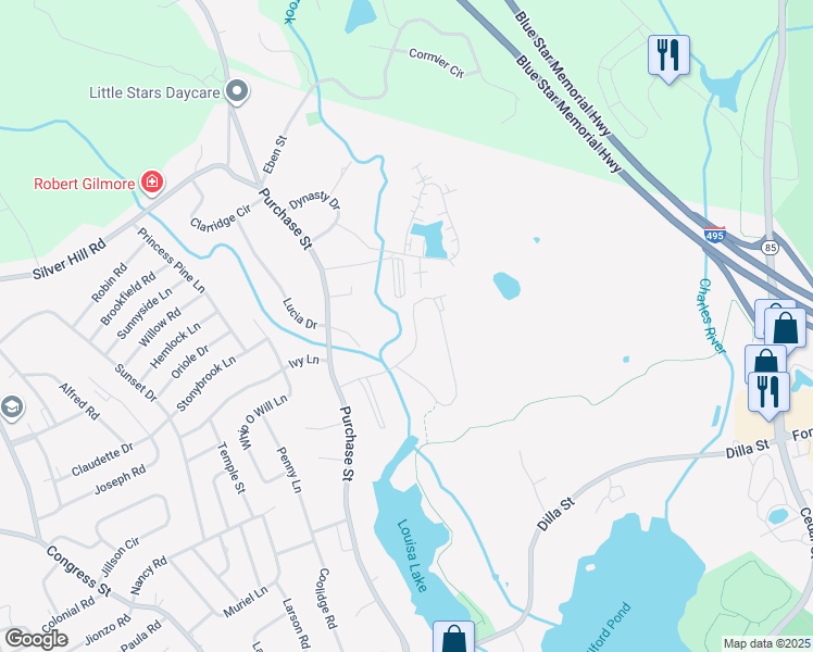 map of restaurants, bars, coffee shops, grocery stores, and more near 23 Shadowbrook Lane in Milford