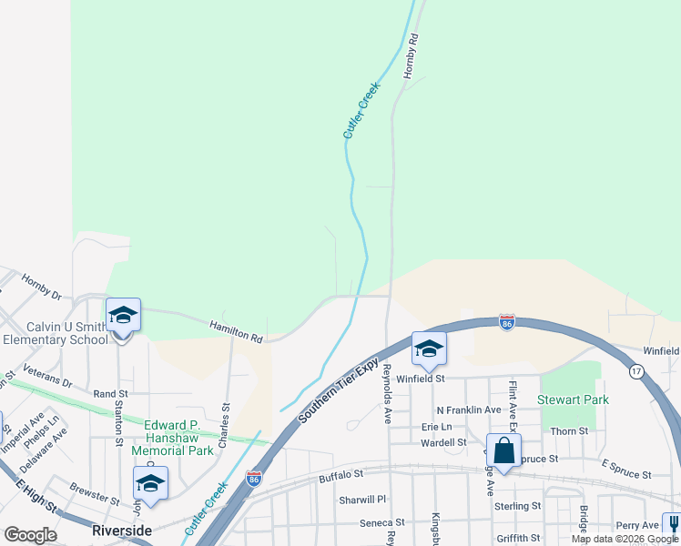 map of restaurants, bars, coffee shops, grocery stores, and more near 3396 Kimble Hill Road in Corning
