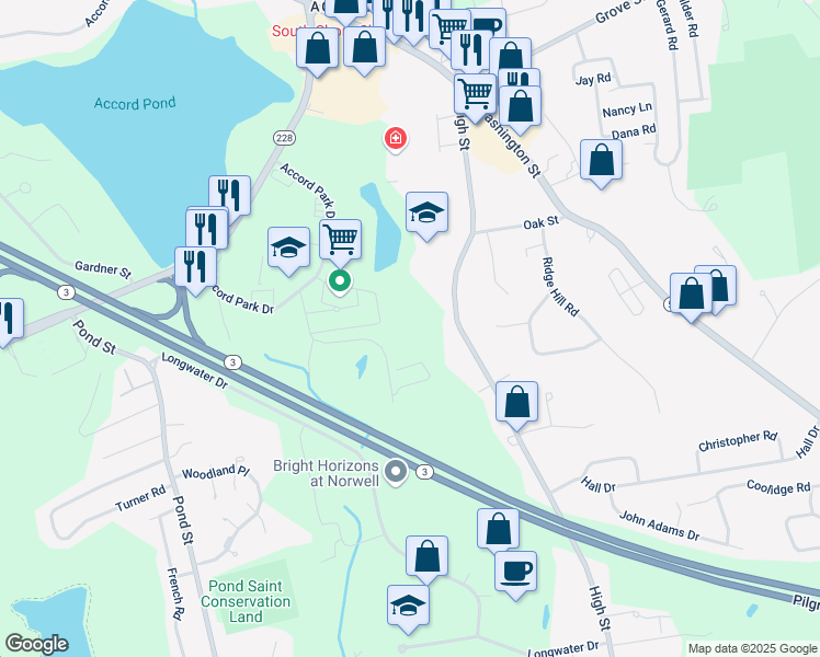 map of restaurants, bars, coffee shops, grocery stores, and more near 2-664 Cordwainer Drive in Norwell