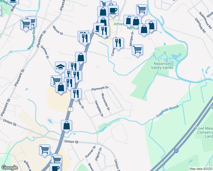 map of restaurants, bars, coffee shops, grocery stores, and more near 48 Plymouth Drive in Norwood