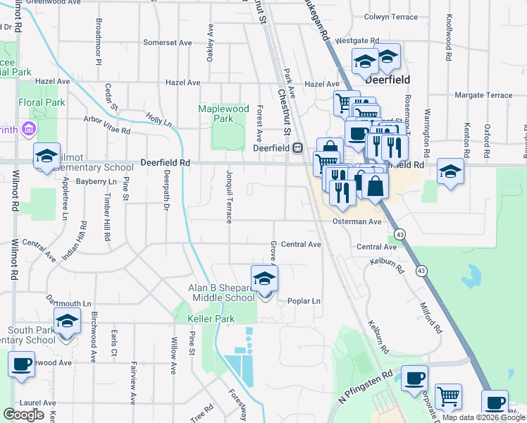 map of restaurants, bars, coffee shops, grocery stores, and more near 948 Osterman Avenue in Deerfield
