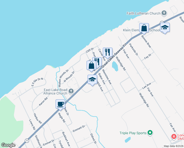 map of restaurants, bars, coffee shops, grocery stores, and more near 4682 Pennsylvania 5 in Erie