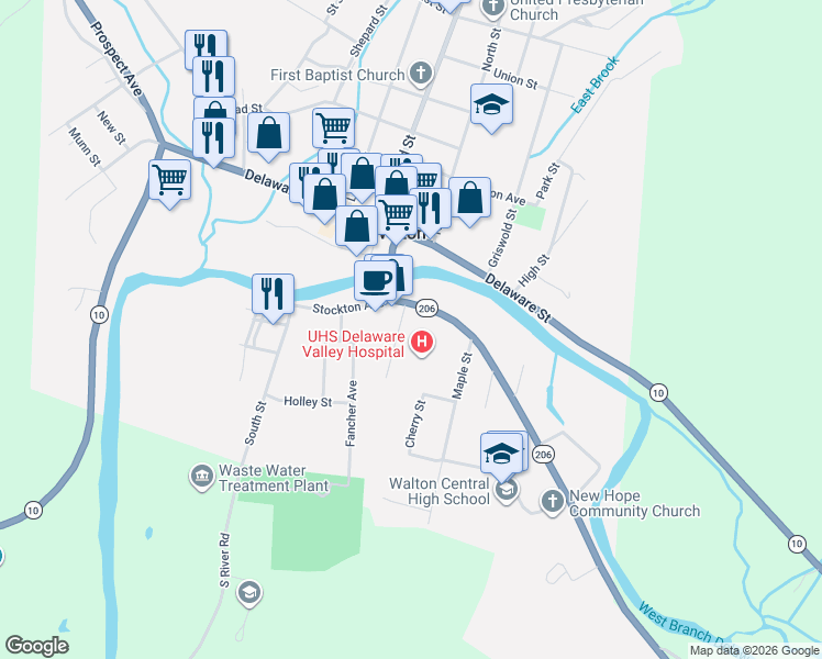 map of restaurants, bars, coffee shops, grocery stores, and more near 7 William St in Walton