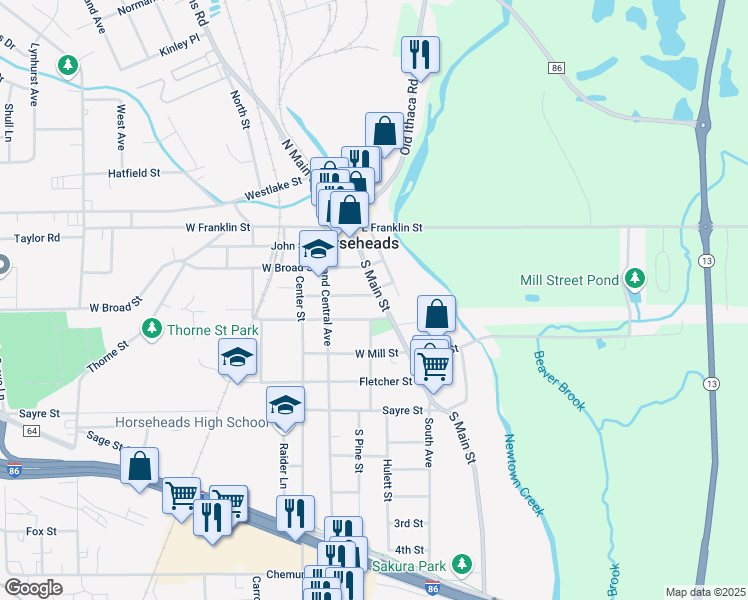 map of restaurants, bars, coffee shops, grocery stores, and more near 404 South Main Street in Horseheads