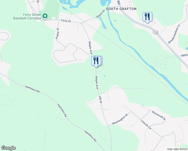 map of restaurants, bars, coffee shops, grocery stores, and more near 64 Maple Avenue in Grafton