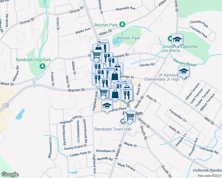 map of restaurants, bars, coffee shops, grocery stores, and more near 26 Warren Street in Randolph