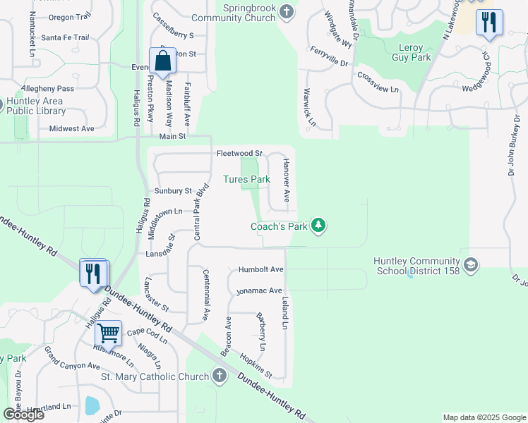 map of restaurants, bars, coffee shops, grocery stores, and more near 10199 Fleetwood Street in Huntley
