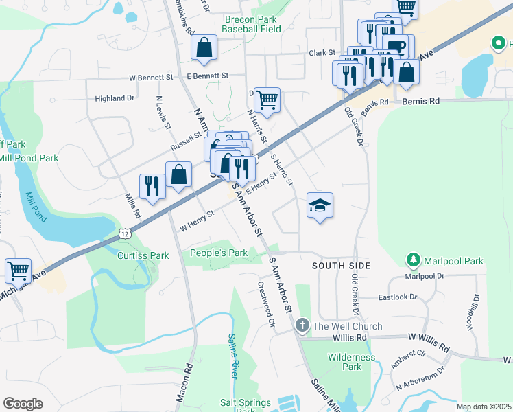 map of restaurants, bars, coffee shops, grocery stores, and more near 205 South Ann Arbor Street in Saline