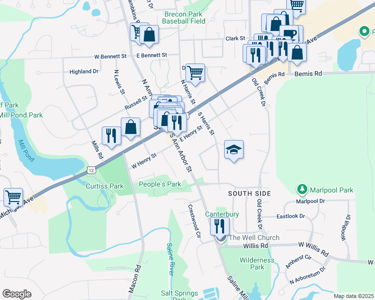 map of restaurants, bars, coffee shops, grocery stores, and more near 205 South Ann Arbor Street in Saline