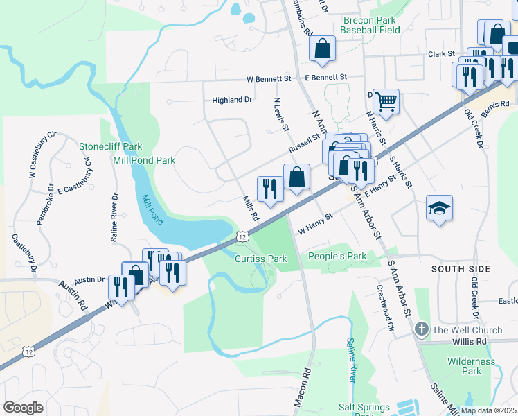 map of restaurants, bars, coffee shops, grocery stores, and more near in Saline