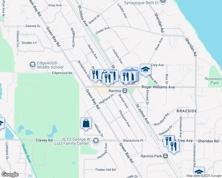 map of restaurants, bars, coffee shops, grocery stores, and more near 692 Burton Avenue in Highland Park