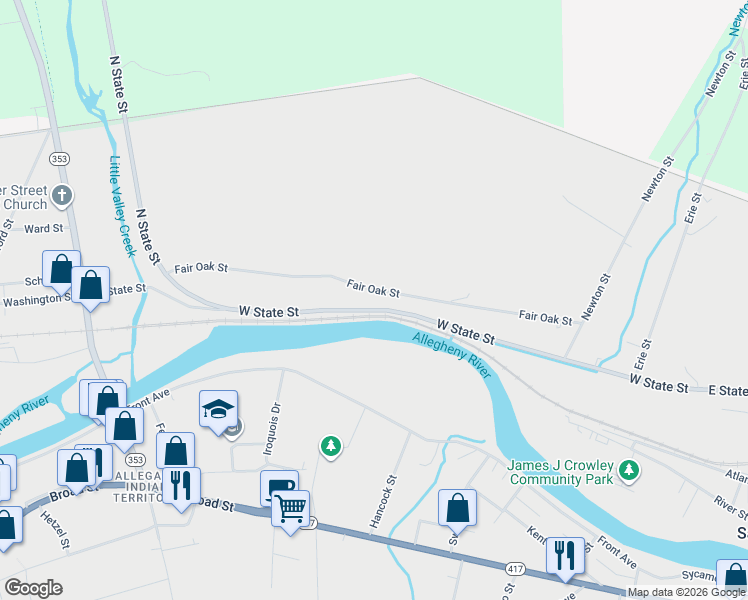 map of restaurants, bars, coffee shops, grocery stores, and more near 528 West State Street in Salamanca