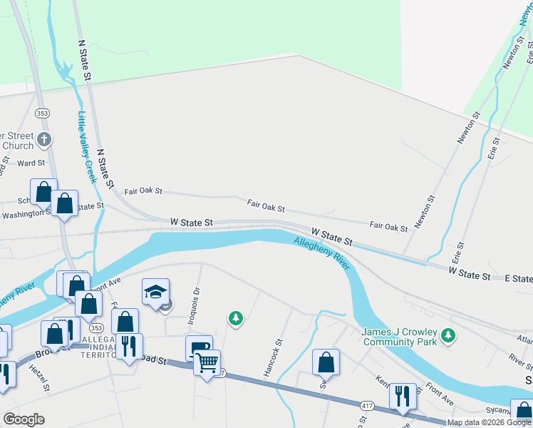 map of restaurants, bars, coffee shops, grocery stores, and more near 528 W State St in Salamanca