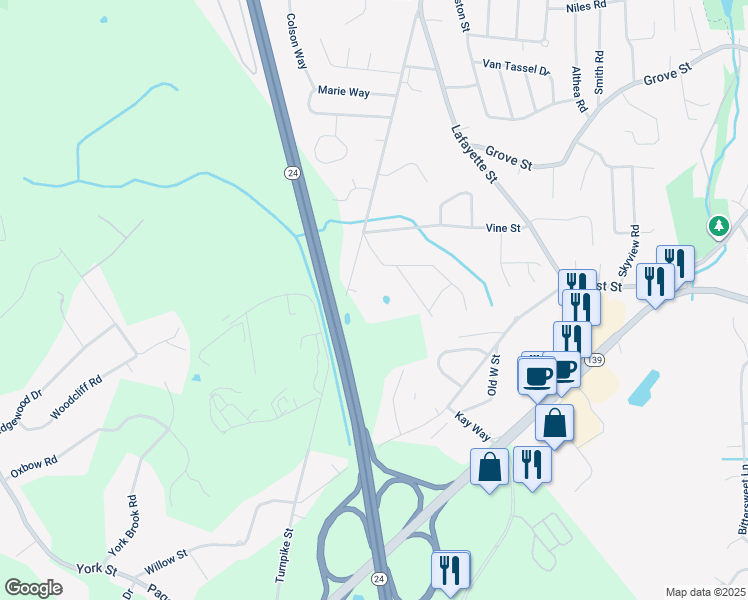 map of restaurants, bars, coffee shops, grocery stores, and more near 1 Meadowbrook Way in Canton