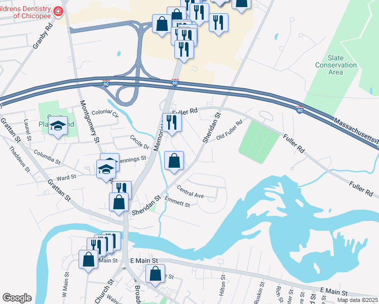 map of restaurants, bars, coffee shops, grocery stores, and more near 203 Sheridan Street in Chicopee