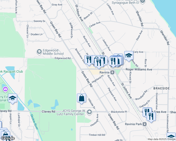 map of restaurants, bars, coffee shops, grocery stores, and more near 683 Green Bay Road in Highland Park