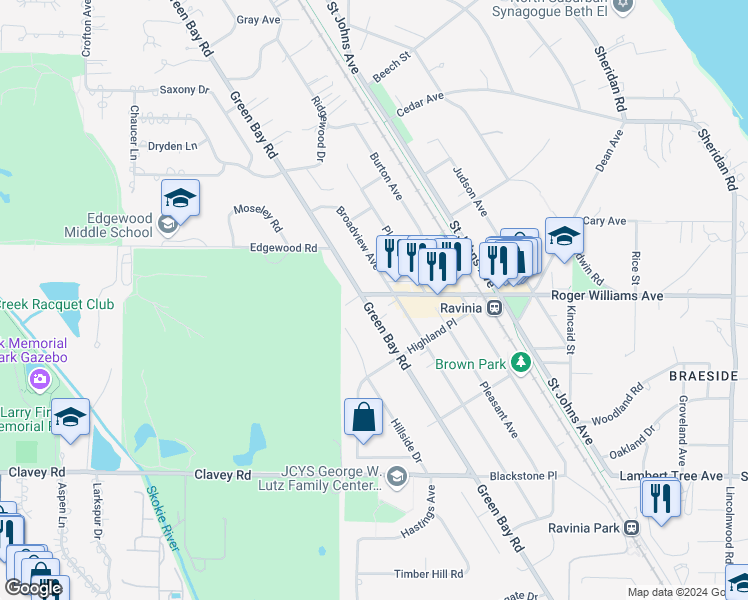 map of restaurants, bars, coffee shops, grocery stores, and more near 683 Green Bay Road in Highland Park