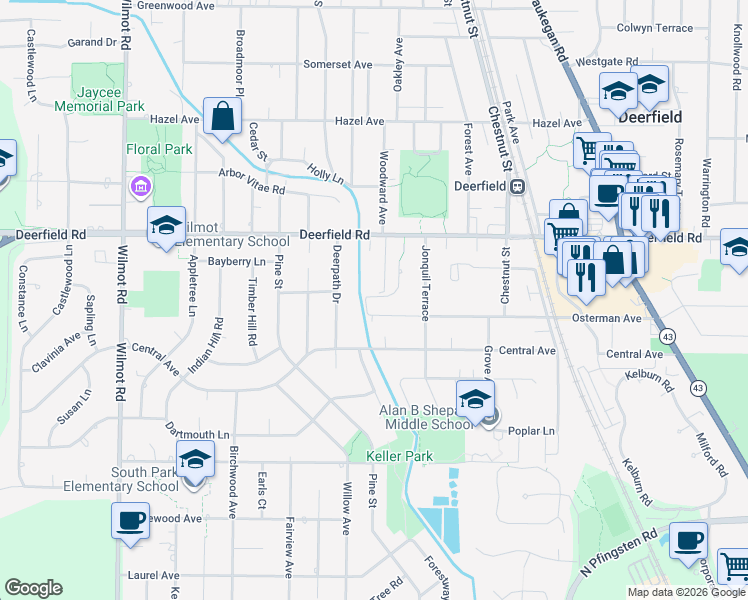 map of restaurants, bars, coffee shops, grocery stores, and more near 1138 Osterman Avenue in Deerfield