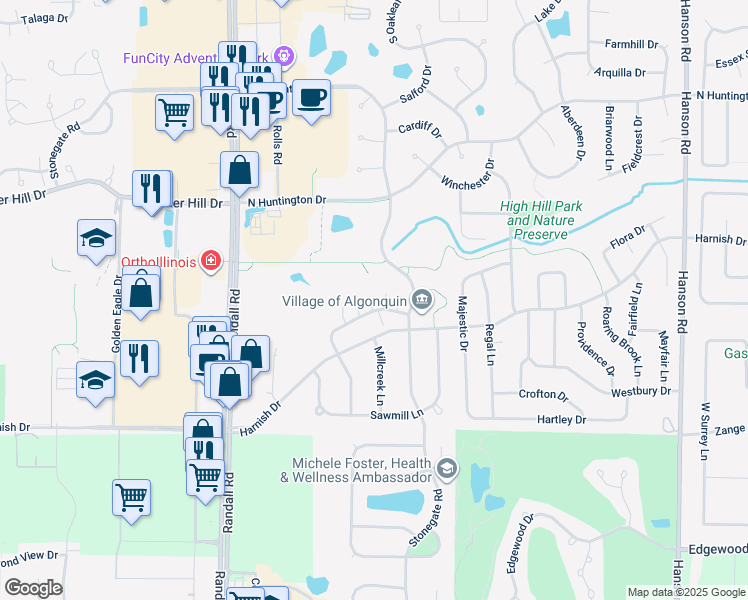 map of restaurants, bars, coffee shops, grocery stores, and more near 2235 Dawson Lane in Algonquin