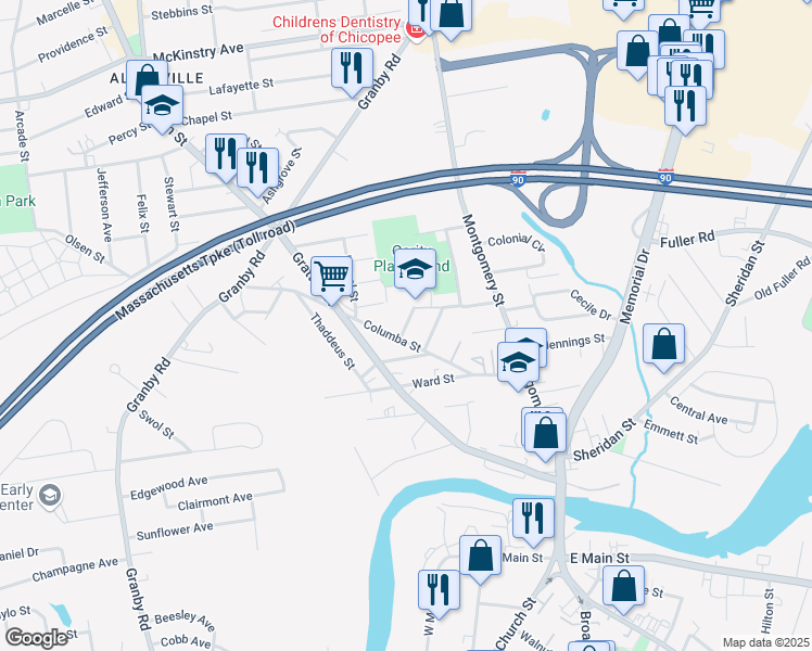 map of restaurants, bars, coffee shops, grocery stores, and more near 44 Connell Street in Chicopee