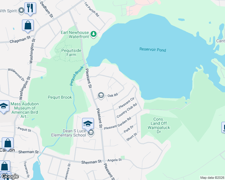 map of restaurants, bars, coffee shops, grocery stores, and more near 71A Oak Road in Canton