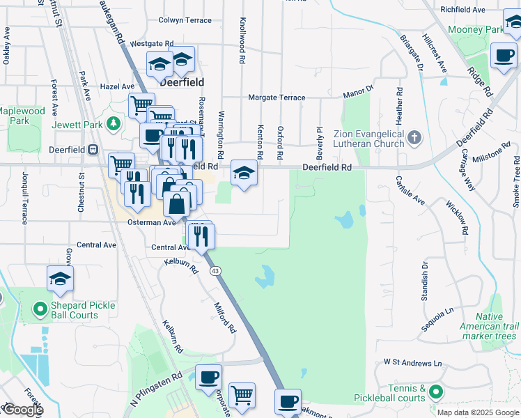 map of restaurants, bars, coffee shops, grocery stores, and more near 704 Kipling Place in Deerfield