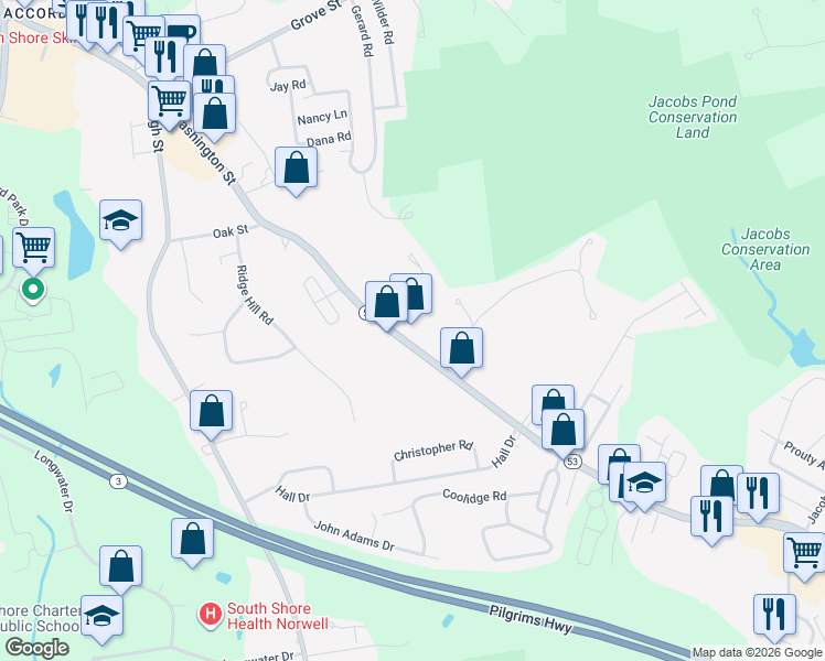map of restaurants, bars, coffee shops, grocery stores, and more near 263 Washington Street in Norwell