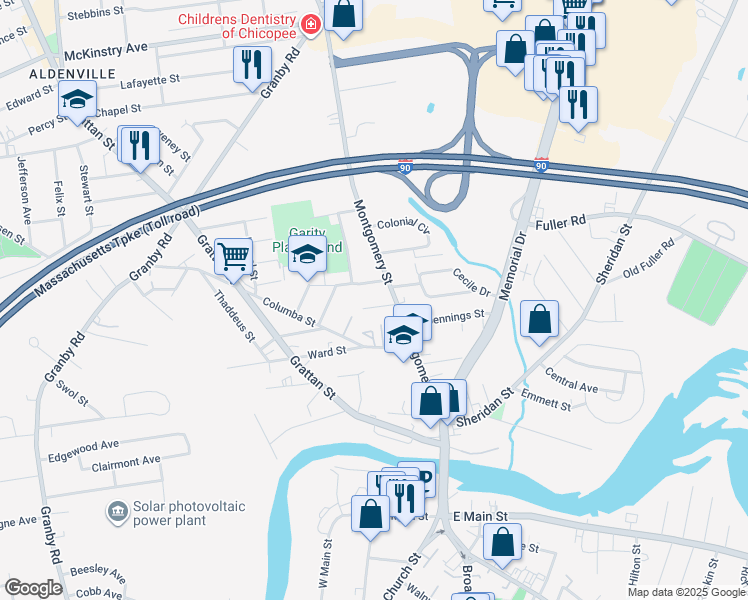 map of restaurants, bars, coffee shops, grocery stores, and more near 30 Ambrose Street in Chicopee