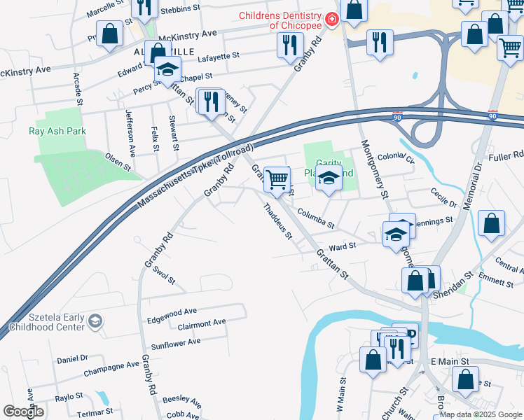 map of restaurants, bars, coffee shops, grocery stores, and more near 93 Thaddeus Street in Chicopee
