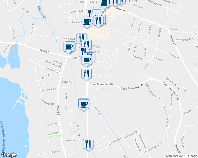 map of restaurants, bars, coffee shops, grocery stores, and more near 50 Webster Street in Weymouth