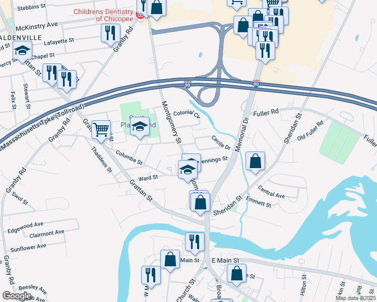 map of restaurants, bars, coffee shops, grocery stores, and more near 170 Montgomery Street in Chicopee