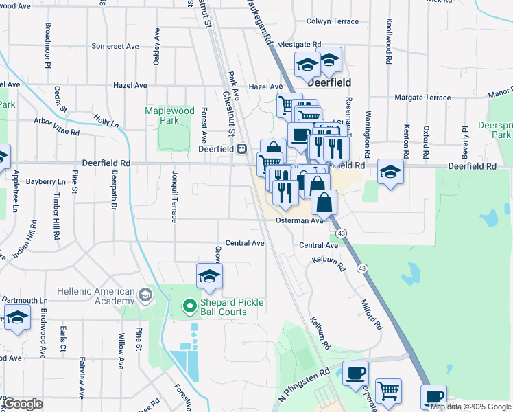 map of restaurants, bars, coffee shops, grocery stores, and more near 650 Elm Street in Deerfield