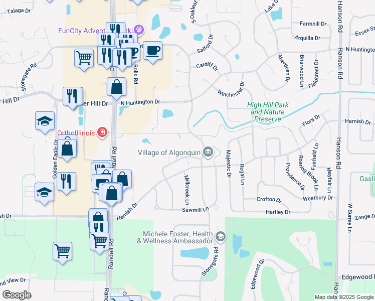 map of restaurants, bars, coffee shops, grocery stores, and more near 2235 Dawson Lane in Algonquin