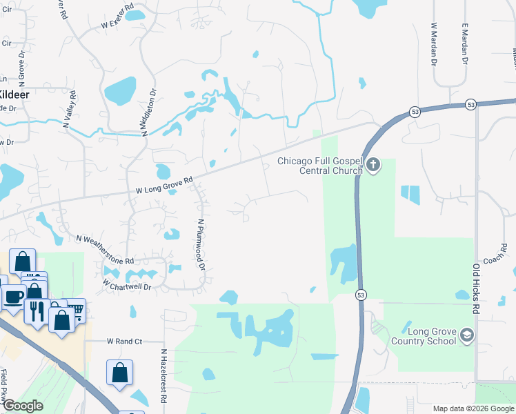 map of restaurants, bars, coffee shops, grocery stores, and more near 2811 Knoll Drive in Long Grove
