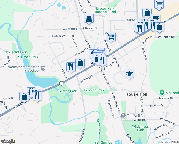 map of restaurants, bars, coffee shops, grocery stores, and more near 110 West Henry Street in Saline