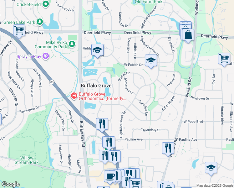 map of restaurants, bars, coffee shops, grocery stores, and more near 700 Dunhill Drive in Buffalo Grove
