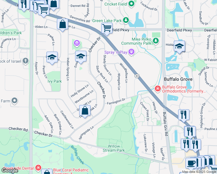 map of restaurants, bars, coffee shops, grocery stores, and more near 621 Silver Rock Lane in Buffalo Grove